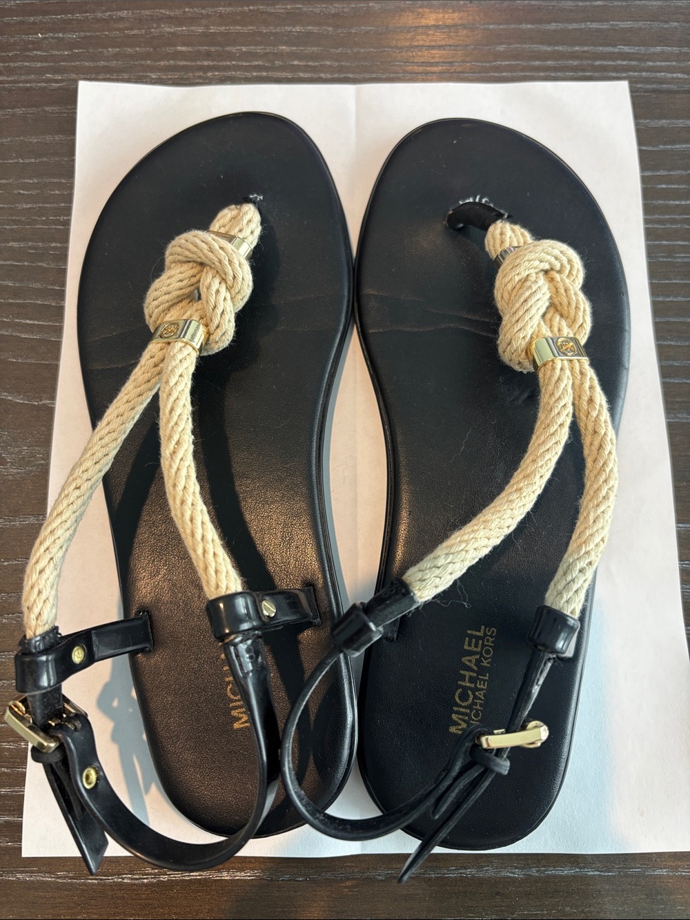Michael Kors Black Leather Sandals with Beige Rope Knot Straps